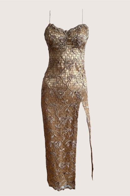 Vintage Gold Floral Lace Gown
