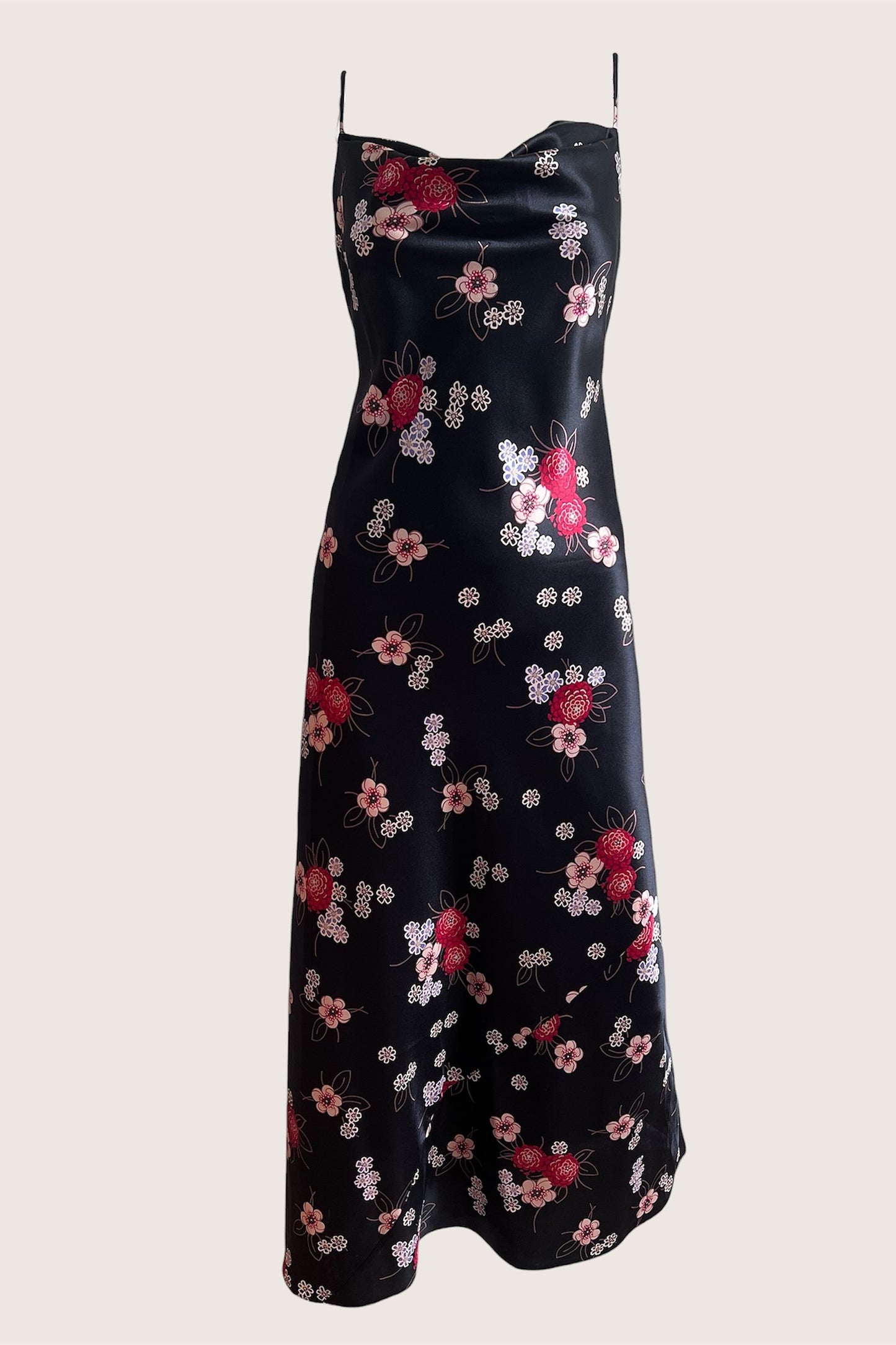 1990's Black Floral Satin Slip Dress