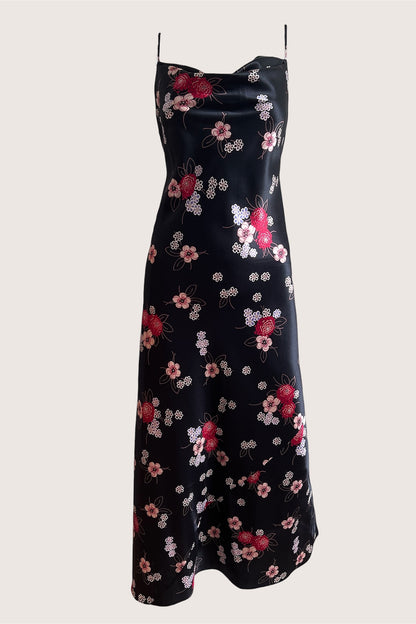 1990's Black Floral Satin Slip Dress
