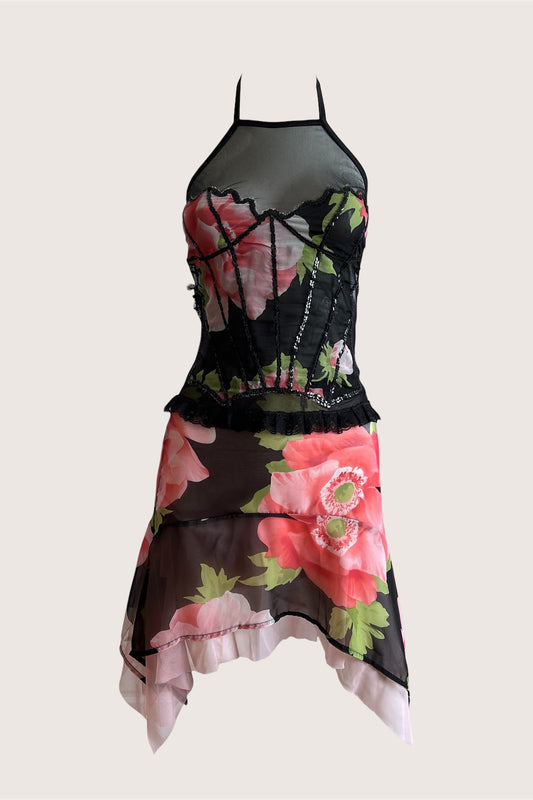 2000's Floral Mesh Top & Mini Skirt Ensemble