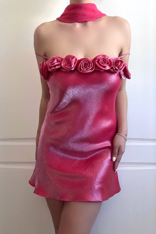Vintage Coral Pink Rosette Mini Dress & Scarf Ensemble