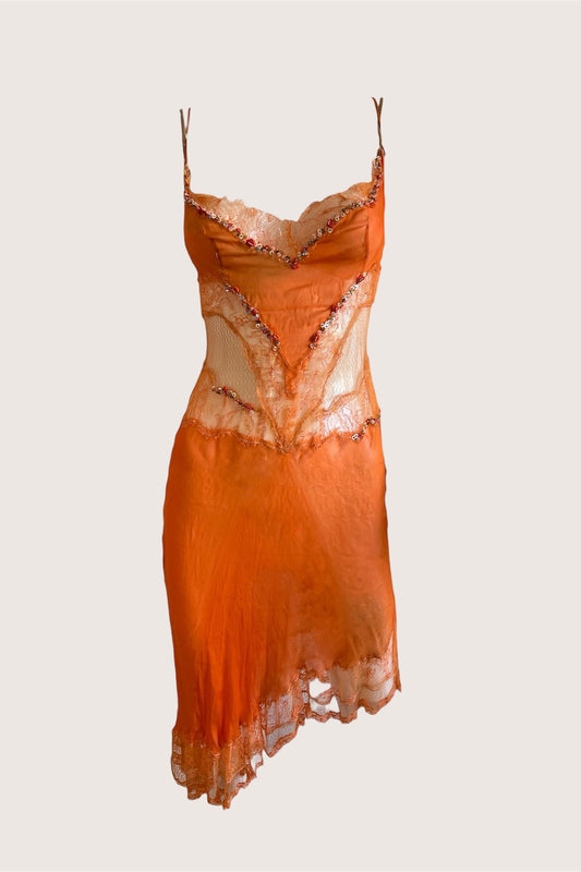 100% Silk Luxurious Designer Orange Slip Dress