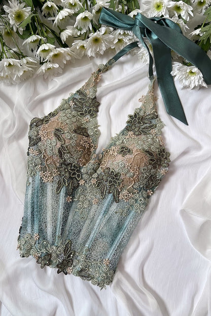 Luxurious Designer Sage Green Floral Halter Corset