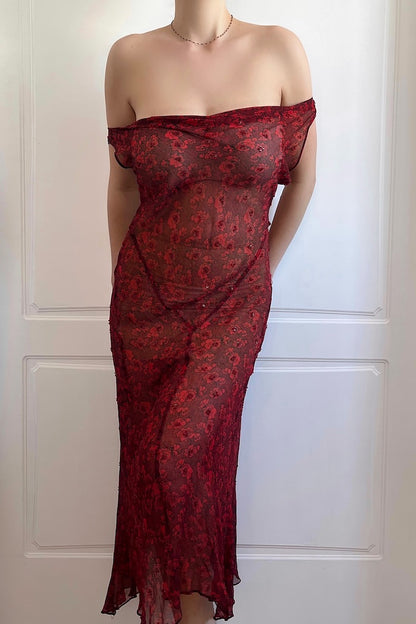 100% Silk Wine Red Floral Beaded Slip Dress