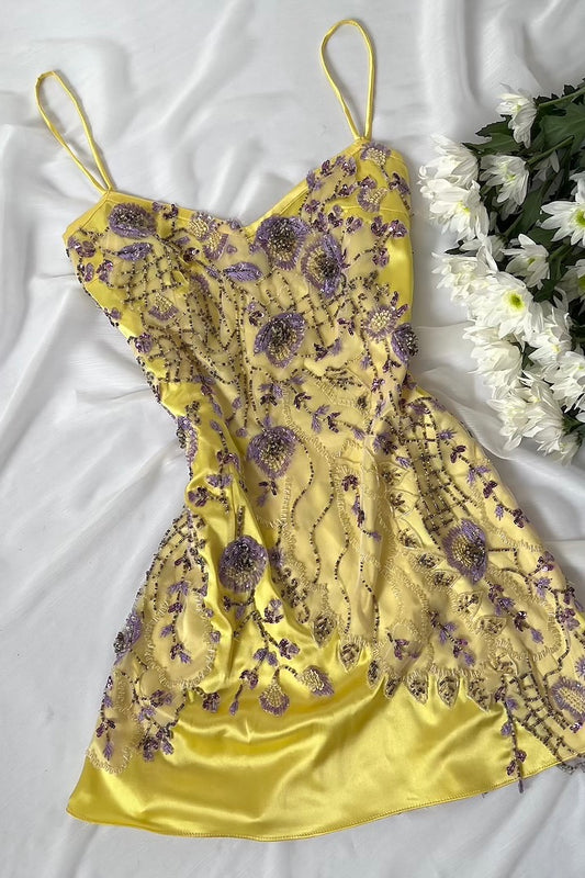 Yellow Satin Floral Appliqué Mini Slip Dress