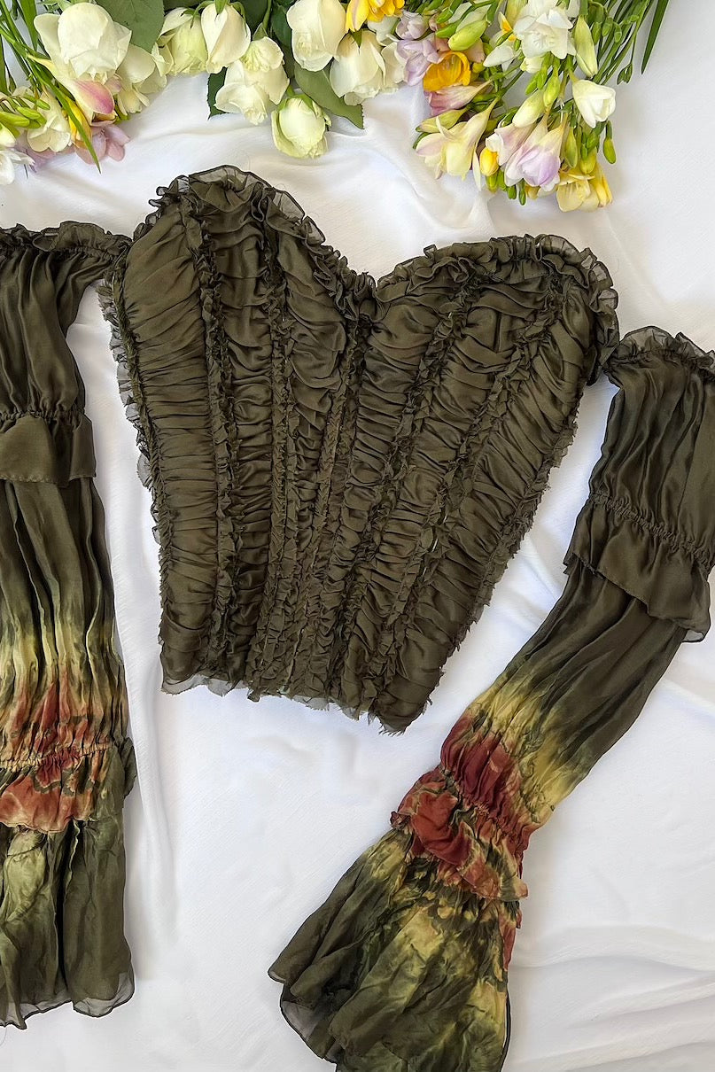 Luxurious Designer 100% Silk Forest Green Corset