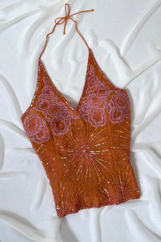 100% Silk Vintage Orange Beaded Corset Bodice