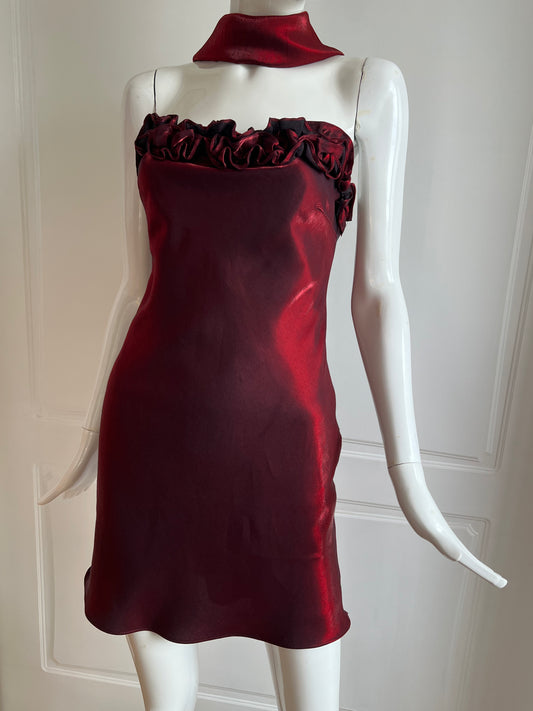 Vintage Burgundy Ruffled Satin Mini Slip Dress & Scarf Ensemble