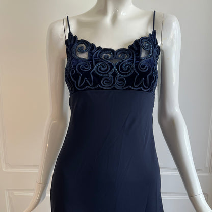 Vintage 1990's Dark Blue Embroidered Slip Gown