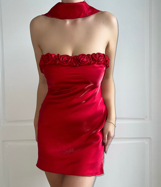 Vintage Red Rosette Satin Mini Slip Dress & Scarf Ensemble