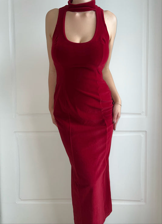 1990's Classic Red Velvet Cut-Out Dress