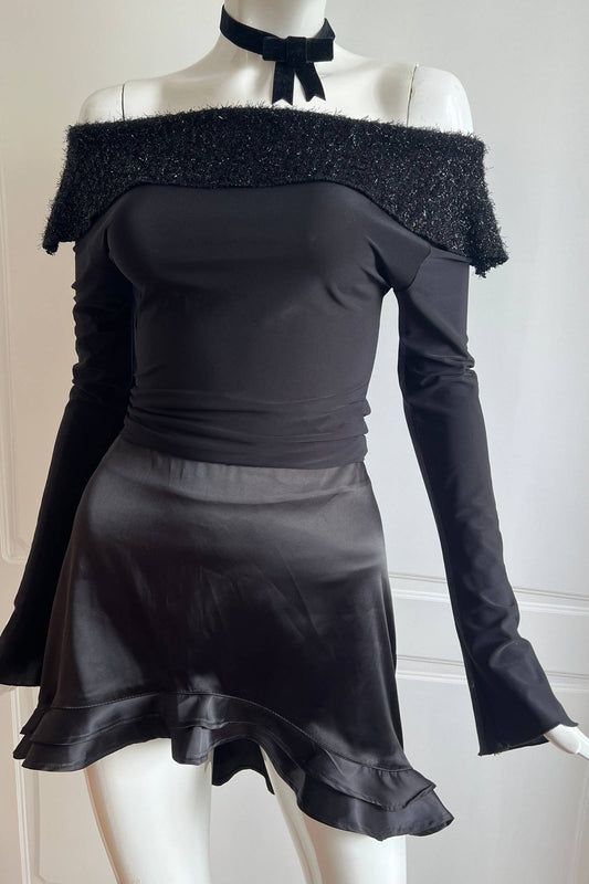 Vintage 1990's Black Fuzzy Off Shoulder Top