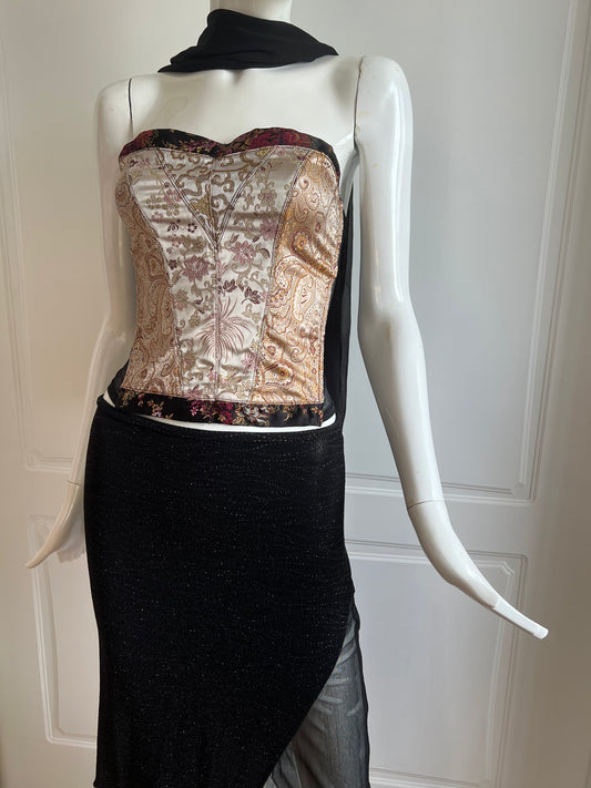 2000's Dark Gold Jacquard Corset Top