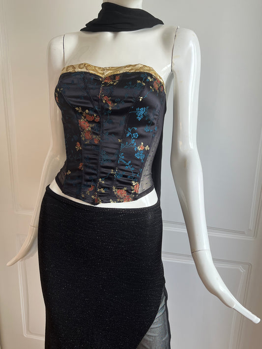 2000's Black Jacquard Corset Top