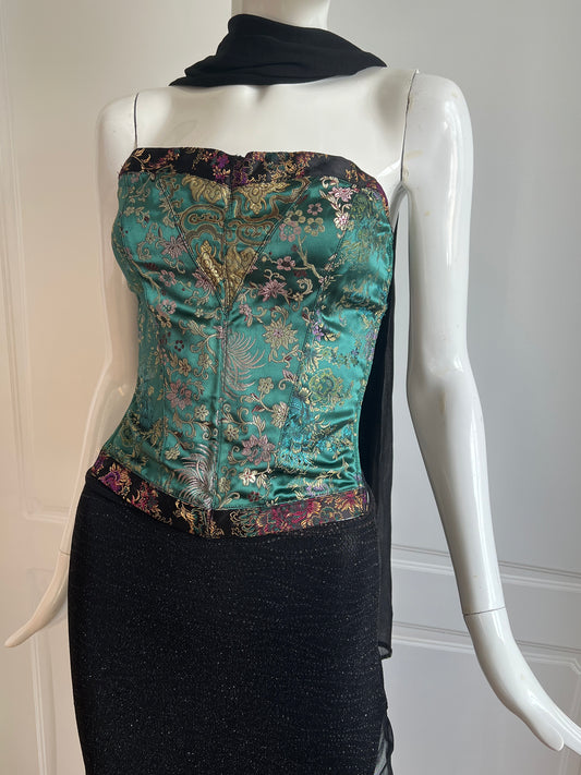 2000's Green Jacquard Corset Top