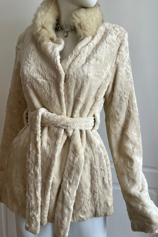 Vintage Ivory Fox Collar & Faux Fur Belted Coat
