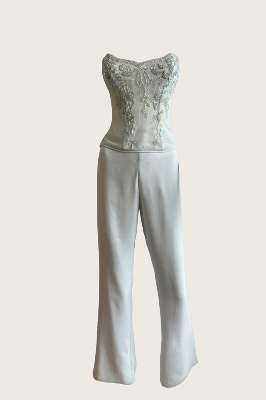 La Perla 1990's Ice Blue Beaded Corset & Pants Ensemble