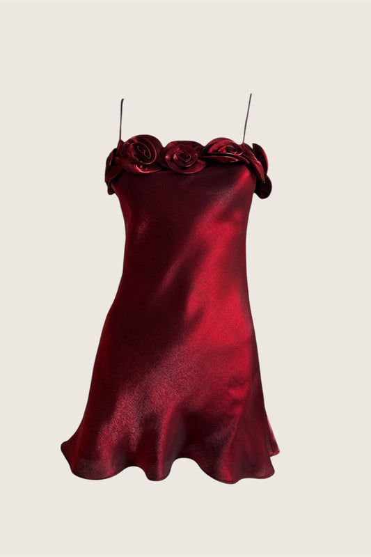 Vintage Burgundy Rosette Satin Mini Slip Dress & Scarf Ensemble