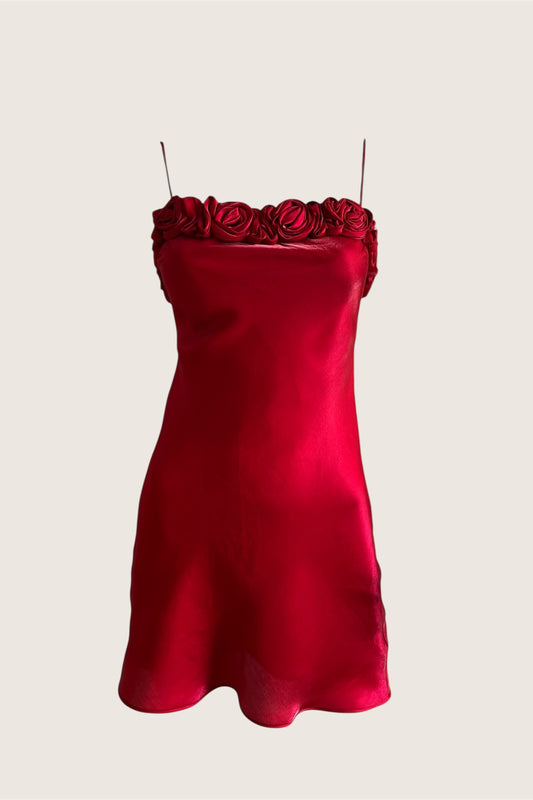 Vintage Red Rosette Satin Mini Slip Dress & Scarf Ensemble
