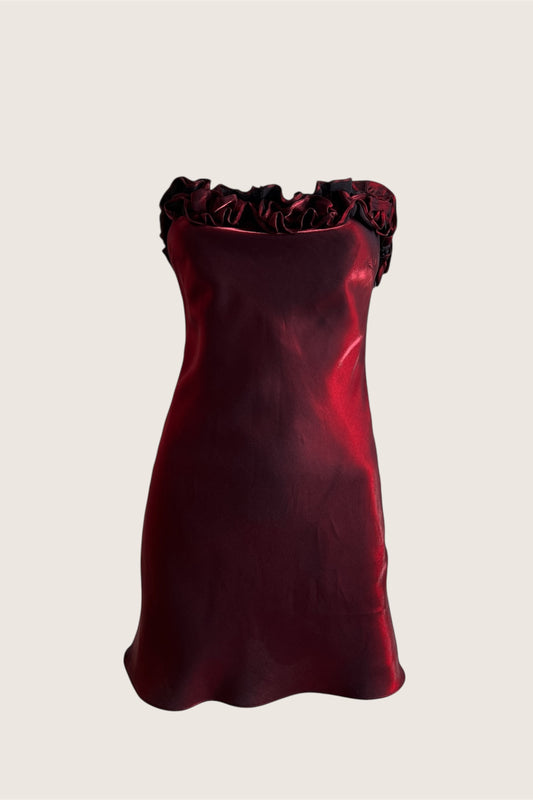 Vintage Burgundy Ruffled Satin Mini Slip Dress & Scarf Ensemble