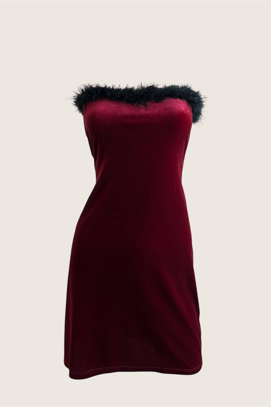 1990's Classic Red Velour Faux Fur Mini Dress