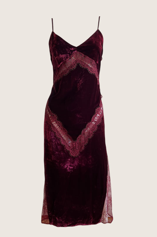 Burgundy Crushed Velvet & Lace Slip Dress