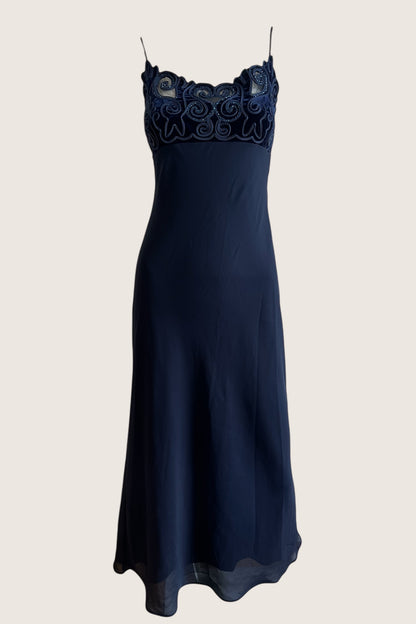 Vintage 1990's Dark Blue Embroidered Slip Gown