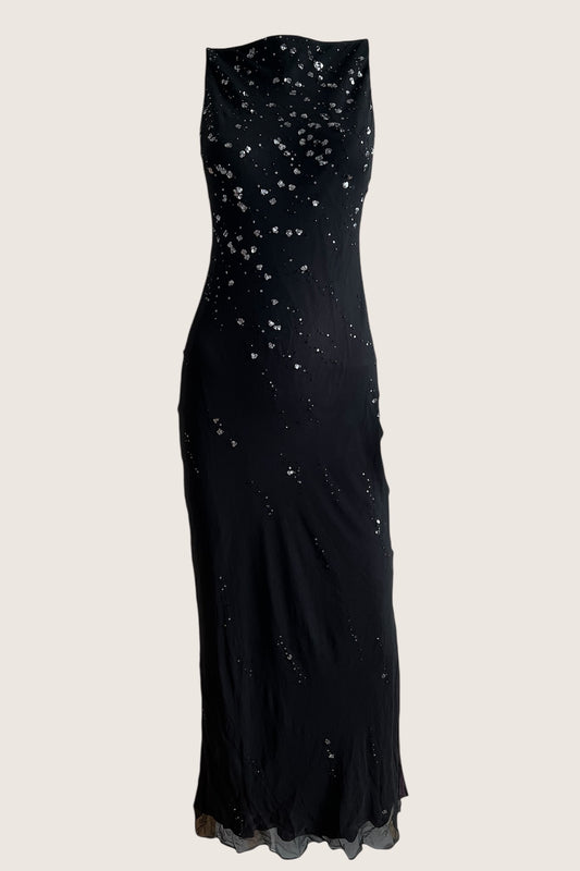 1990's 100% Silk Black Beaded Slip Dress