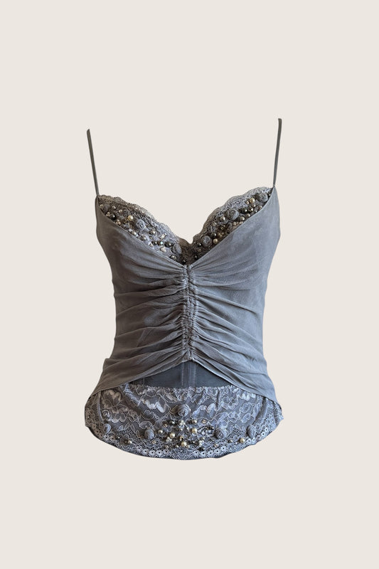 Luxurious Designer 100% Silk Silver Beaded Corset