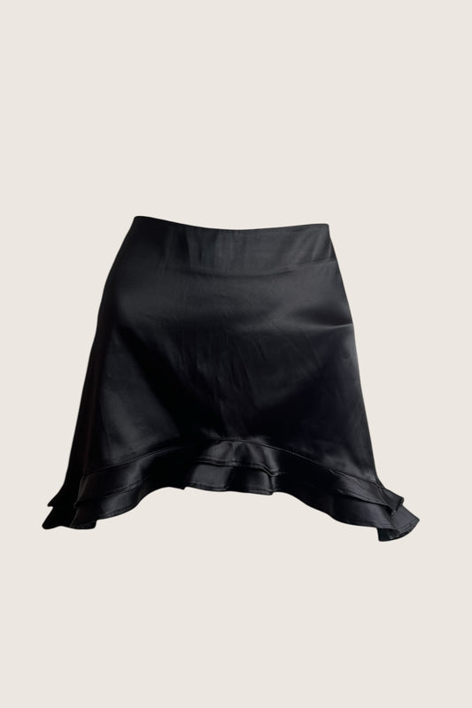 1990's Black Satin Ruffled Mini Skirt