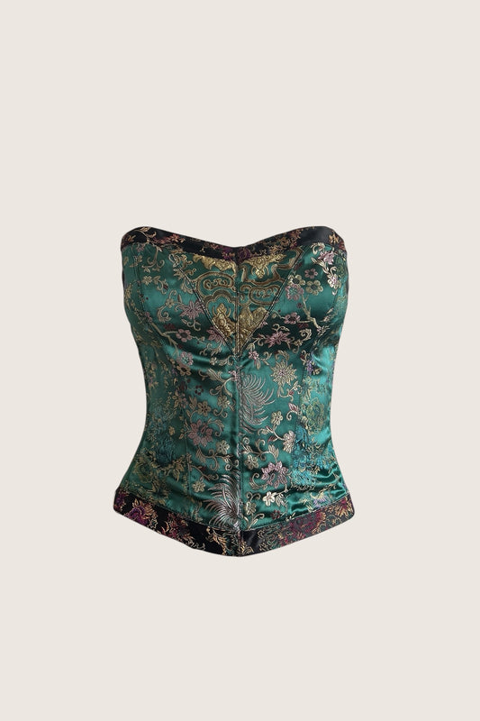 2000's Green Jacquard Corset Top