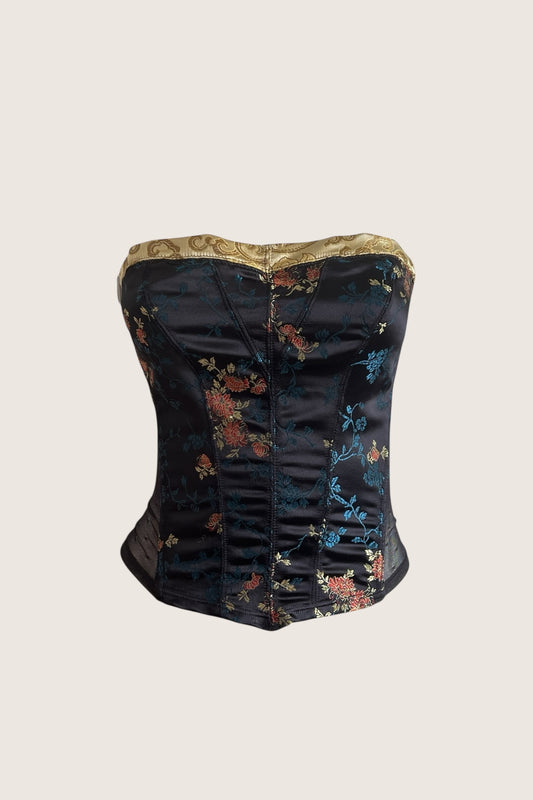 2000's Black Jacquard Corset Top