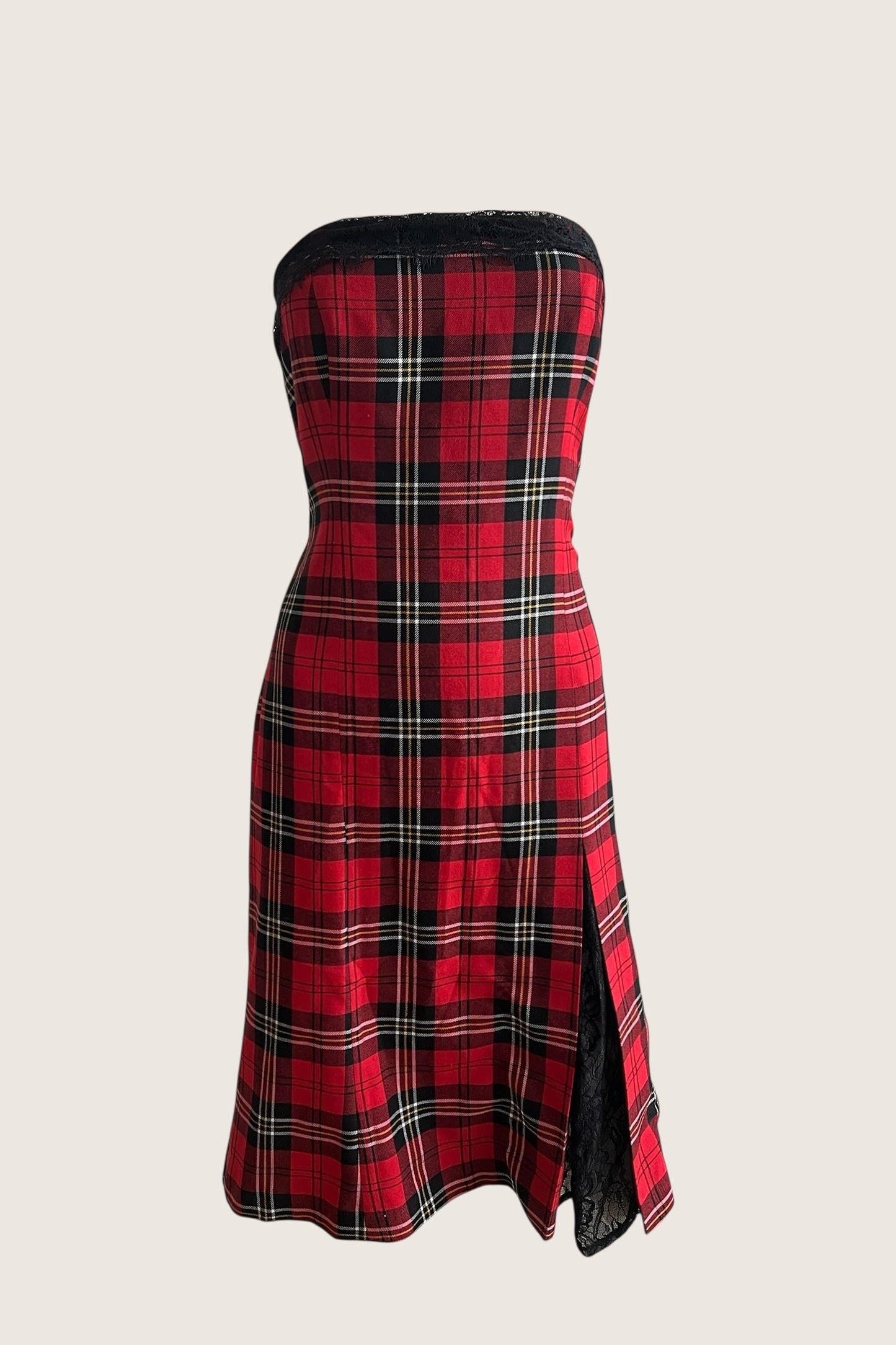 Classic Red Tartan Midi Slit Dress