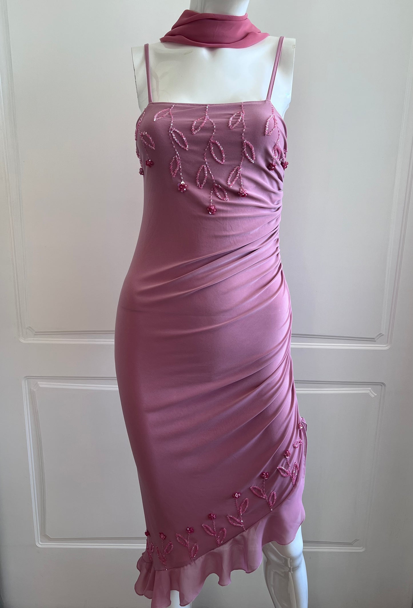 Vintage Blush Pink Beaded Dress & Scarf Ensemble