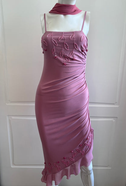 Vintage Blush Pink Beaded Dress & Scarf Ensemble
