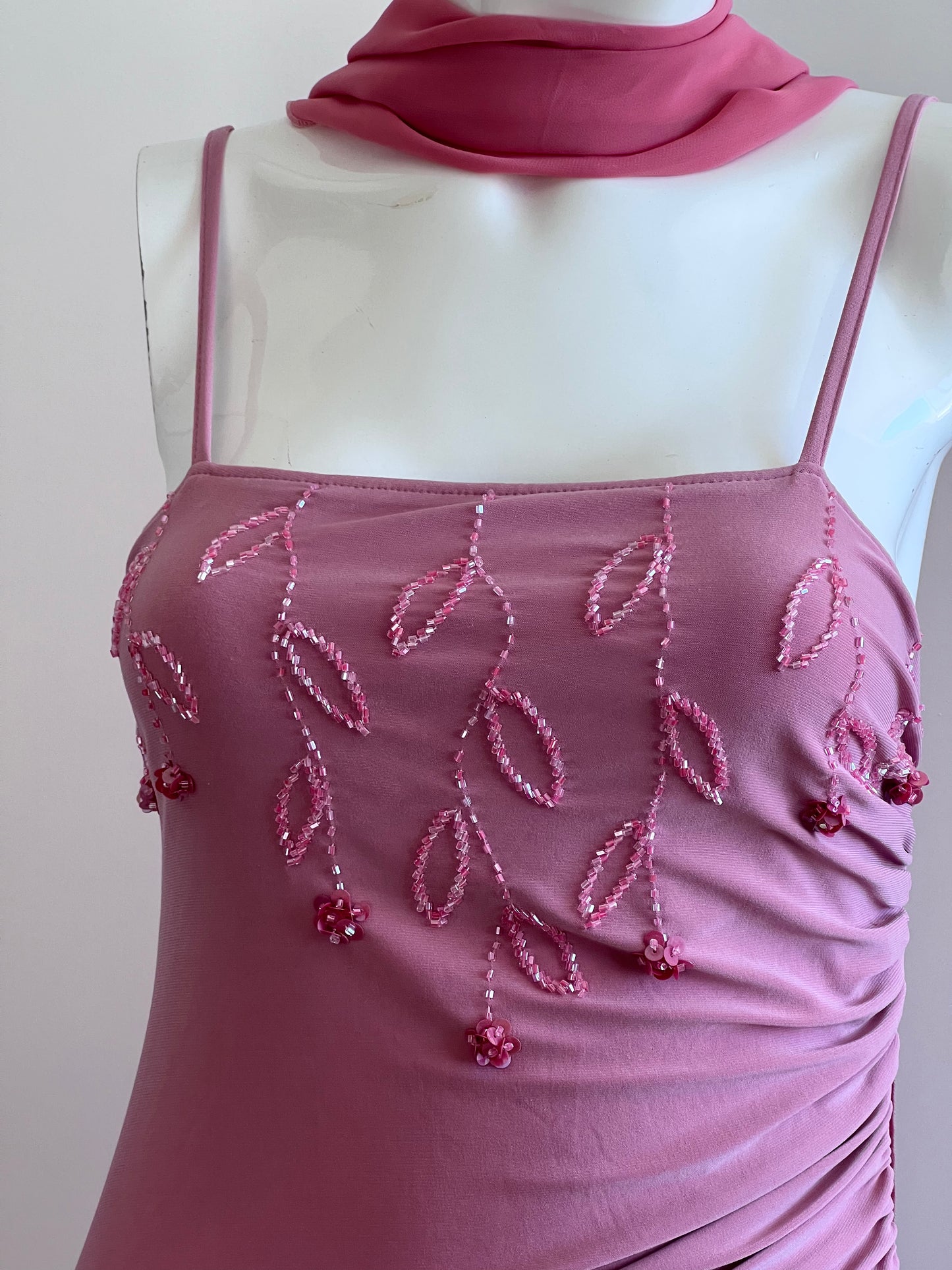 Vintage Blush Pink Beaded Dress & Scarf Ensemble