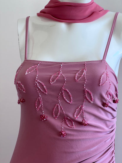 Vintage Blush Pink Beaded Dress & Scarf Ensemble