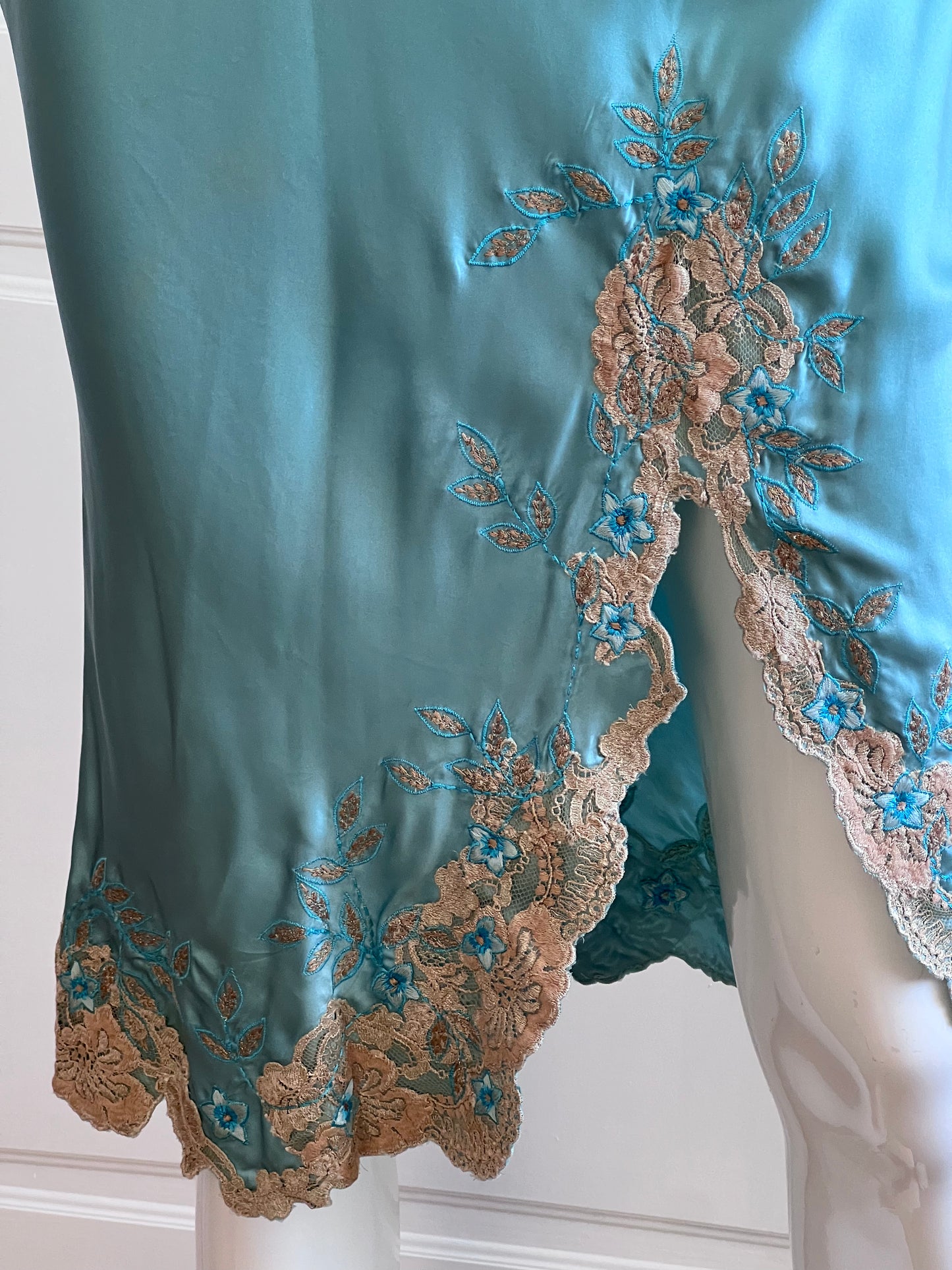 Vintage 100% Silk Blue Lace Slip Dress