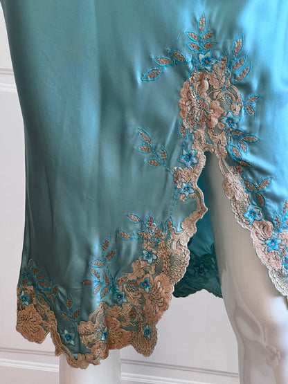 Vintage 100% Silk Blue Lace Slip Dress