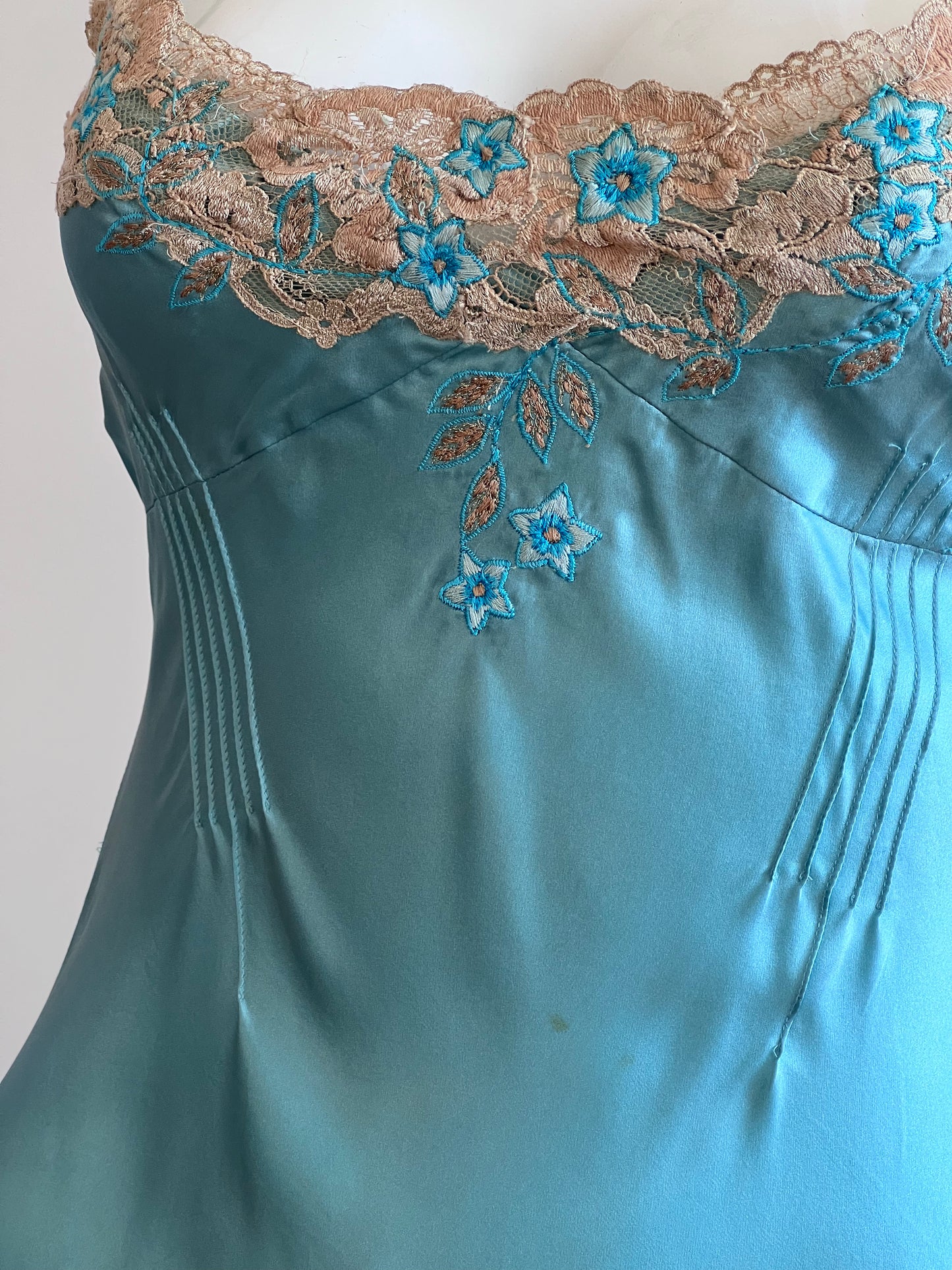 Vintage 100% Silk Blue Lace Slip Dress