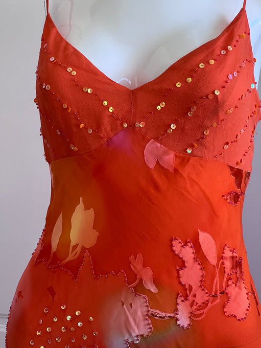Burnt Orange Silk Beaded Slip Dress