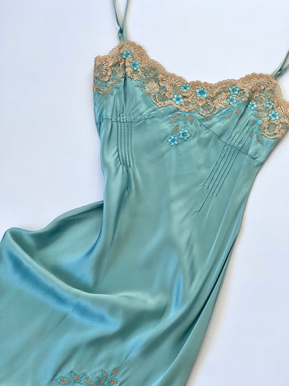 Vintage 100% Silk Blue Lace Slip Dress