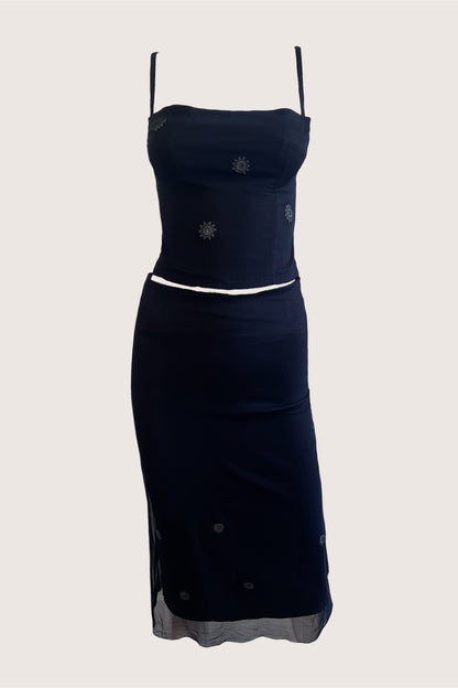 Luxurious Designer Dark Cherry Corset & Slip Skirt Ensemble