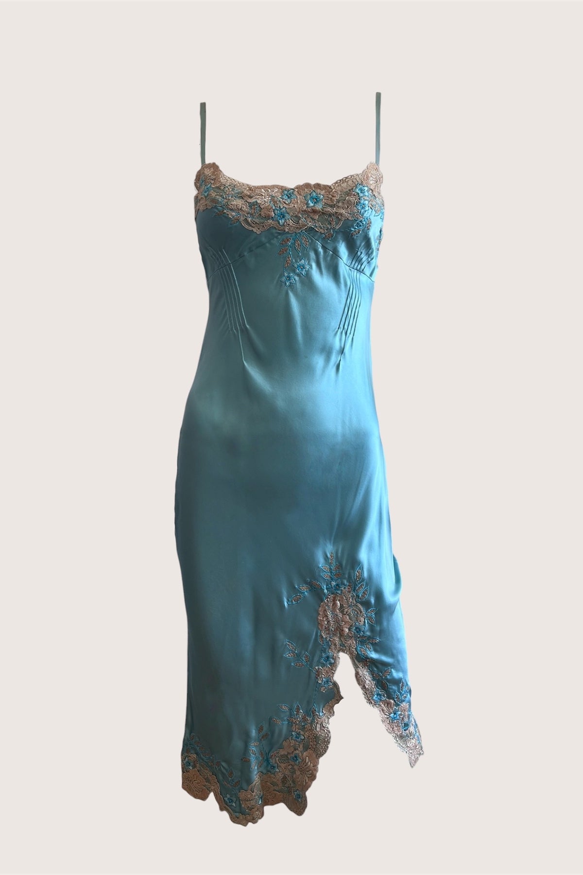 Vintage 100% Silk Blue Lace Slip Dress