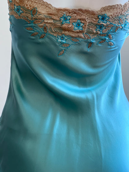 Vintage 100% Silk Blue Lace Slip Dress