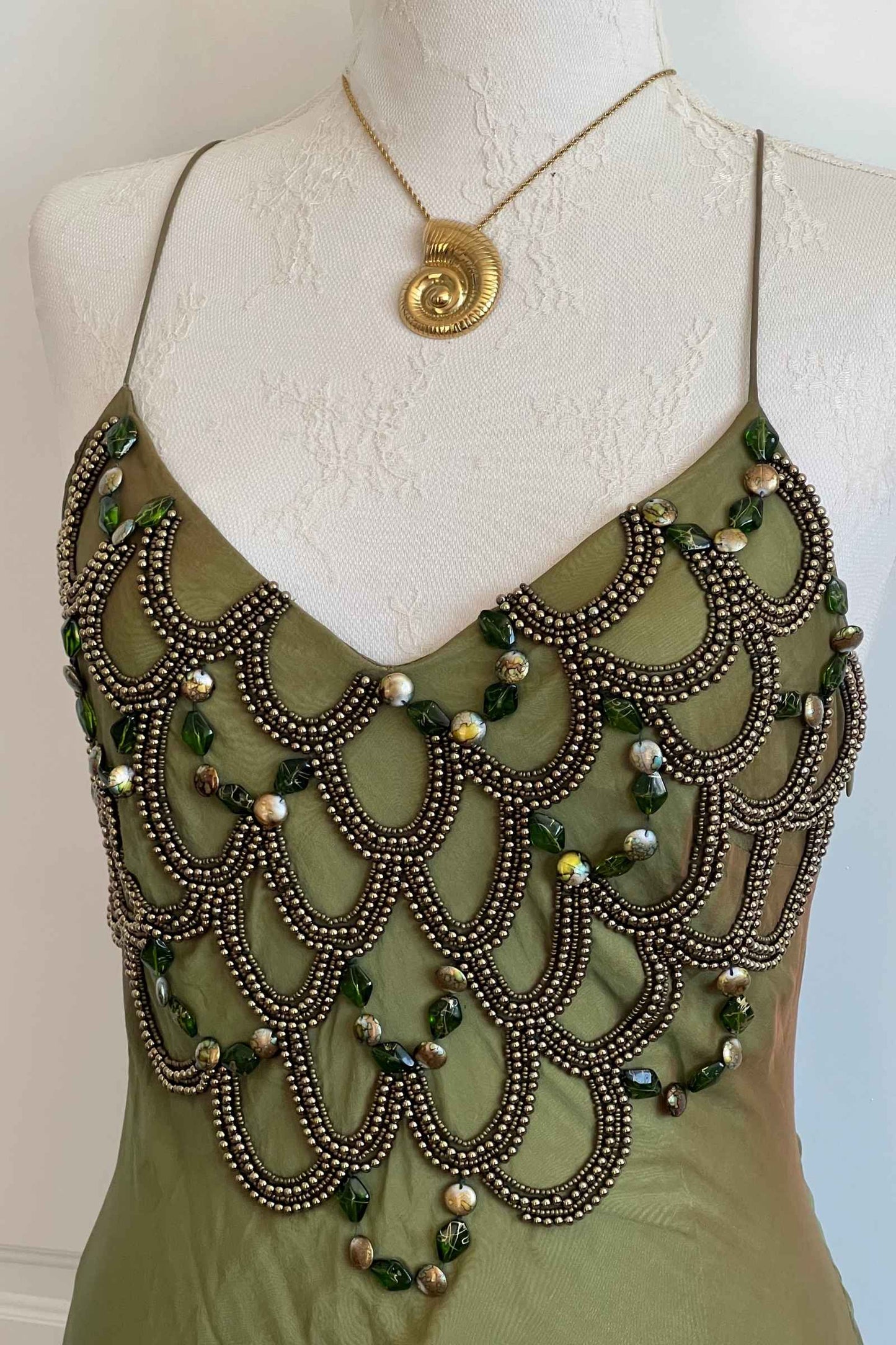 Vintage Silk Seaweed Green Beaded Dress
