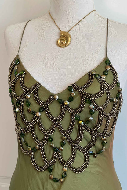 Vintage Silk Seaweed Green Beaded Dress