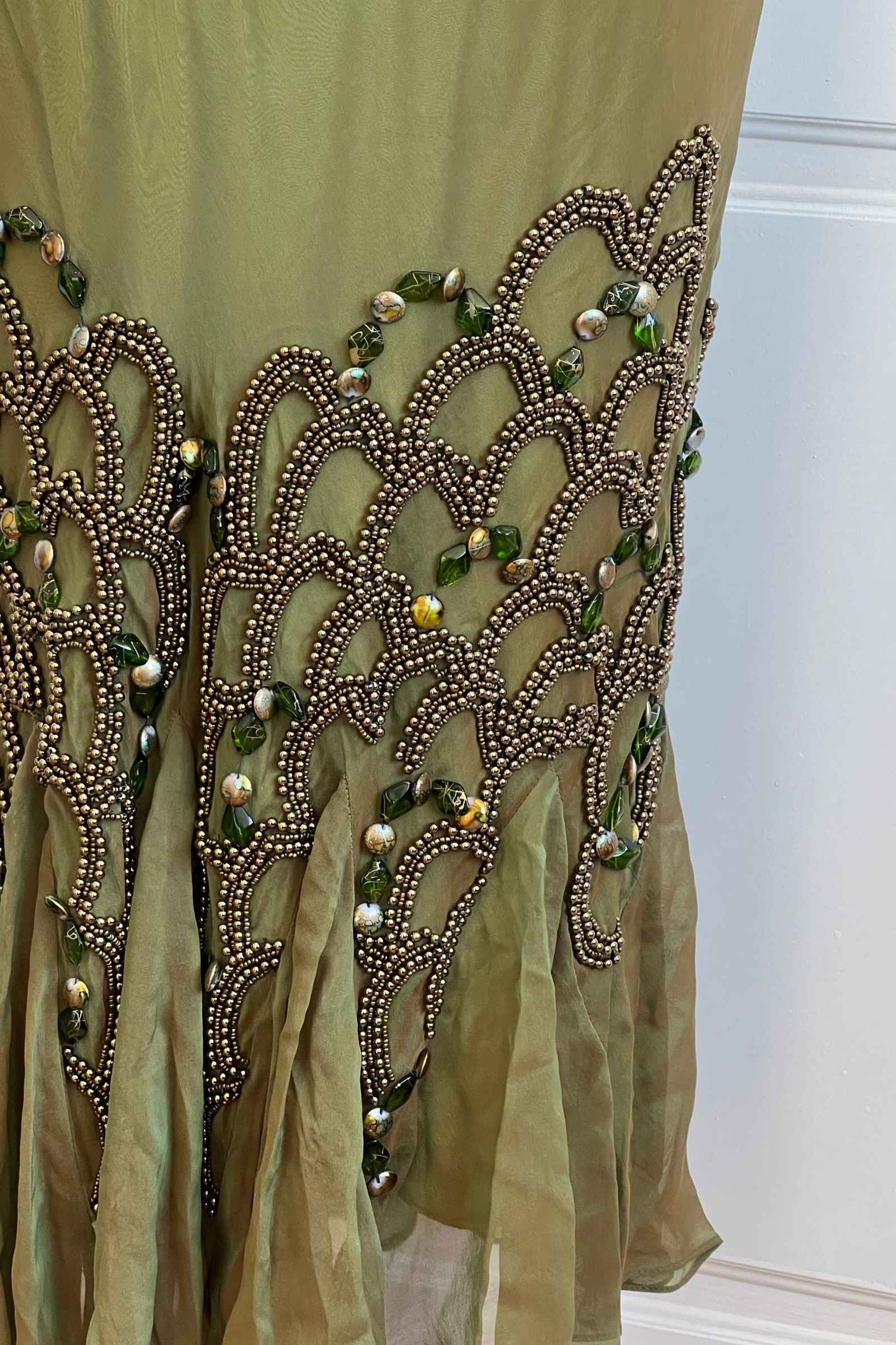 Vintage Silk Seaweed Green Beaded Dress