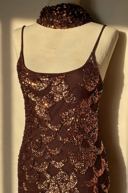 Vintage Bronze Sequin Scalloped Dress & Scarf Ensemble