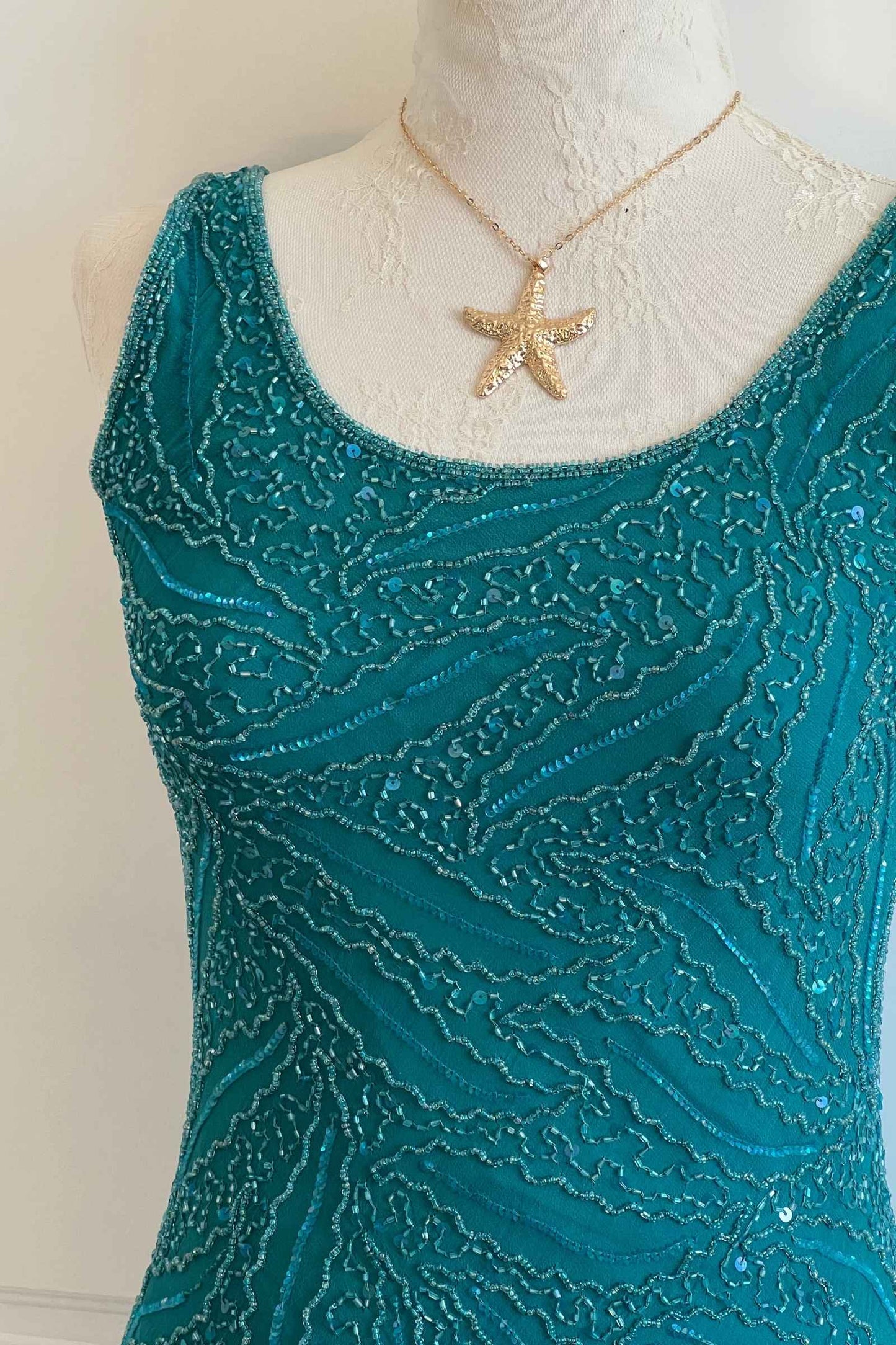 Vintage 100% Silk Teal Mini Beaded Dress
